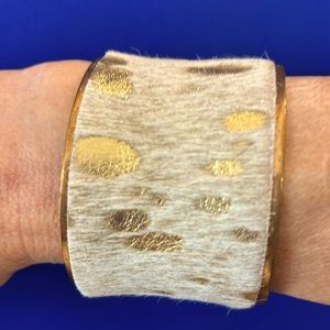 Beautiful “Leopard” print Gold and White Brass Cuff With Faux Animal Hair